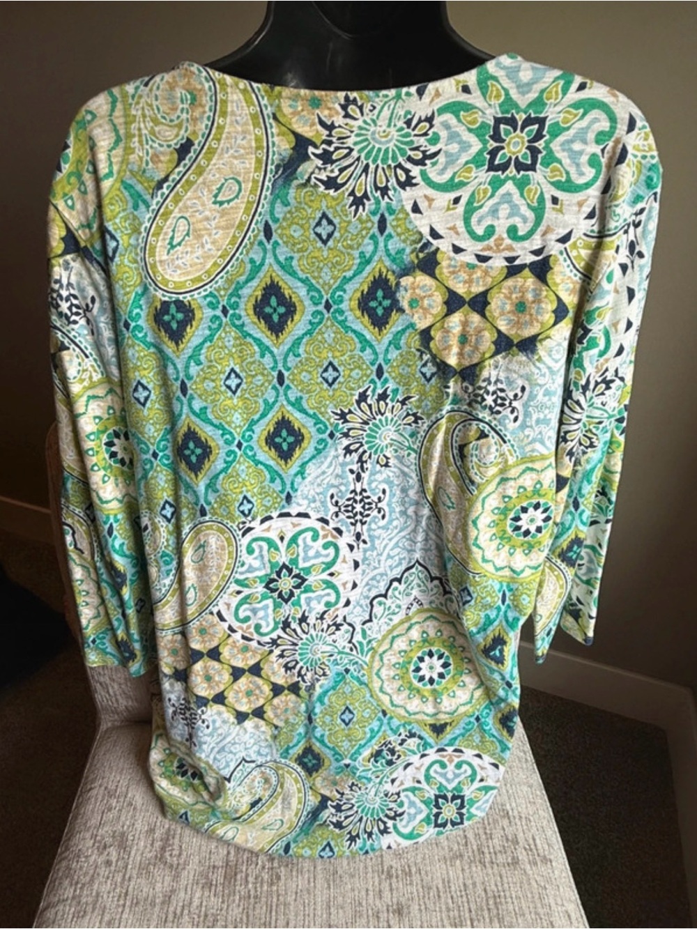 Chico's V-Neck Paisley Tunic - Green, Teal & Navy - Picture 4 of 5